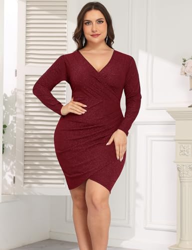 Image of CYCLAMEN 1X-4X Plus Size Sparkle Glitter Ruched Bodycon Mini Wrap Dress Sparkly Sequin Dresses Ruffle Sleeve Party Cocktail