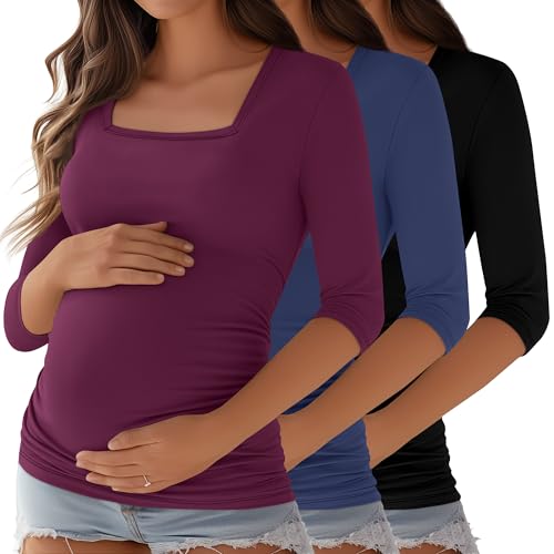Ficerd 3 Pack Cotton Maternity Top 3/4 Sleeve Basic Square Neck Maternity T Shirt Ruched Pregnancy Blouse
