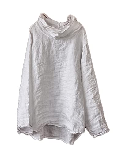 NFYM Womens Long Sleeve Linen Peasant Tops High Low Mock Turtleneck Handmade Stitch Casual Loose Shirts