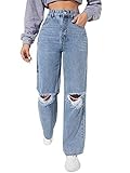 SweatyRocks Women's High Waist Ripped Boyfriend Jeans Straight Leg Distressed Denim Pants Light Wash...