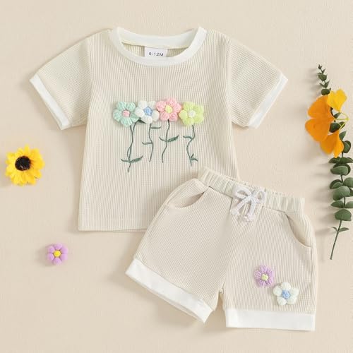 Kaipiclos Flower Embroidered Toddler Boy Girl Summer Outfit Waffled Baby Clothes Short Sleeve T-Shirt Tops Shorts Set2