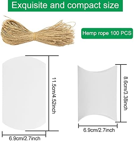 XAVSWRDE 100 PCS White Pillow Boxes for Gifts, Small Candy Gift Boxes Box Kraft Paper Treat Boxes Sweet Pillow Wedding Favour Boxes with 100 Hemp Ropes for Wedding Party Chocolates Sugars Biscuits