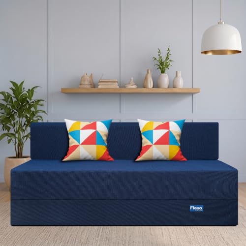 Image of Starlon 3 Seater Foldable Sofa Cum Bed 3-in-1 with 2 Geometrical Pattern Pillows, Washable Jute Fabric Cover, Space Saving Guest Bed, Royal Navy Blue 6x6.5 Ft