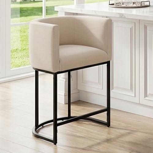 Image of HNY Modern Counter Height Linen Fabric Upholstered Counter Stool, 24 Inch Kitchen Island Stool with Black Tubular Frame, Cream