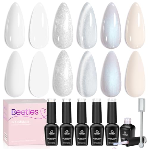 Image of Beetles White Gel Nail Polish Set, Milky White Silver Glitter Pearl Cat Eye | Neutral Nude Shades, Soak Off UV LED Winter Manicure Kit with Magnet, 7.5 ml Each
