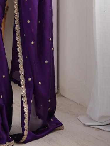Image of AKHILAM Women's Pure Georgette Embroidered Saree With Unstitched Blouse Piece