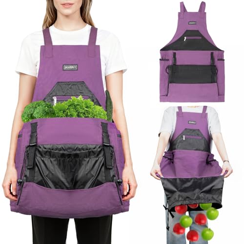 ZIOZERTT Garden Apron Harvest Apron with Drawstring Bag and Pockets for Women and Men Canvas Gardening Tool Belt Gardening Gifts for Mom Dad Purple