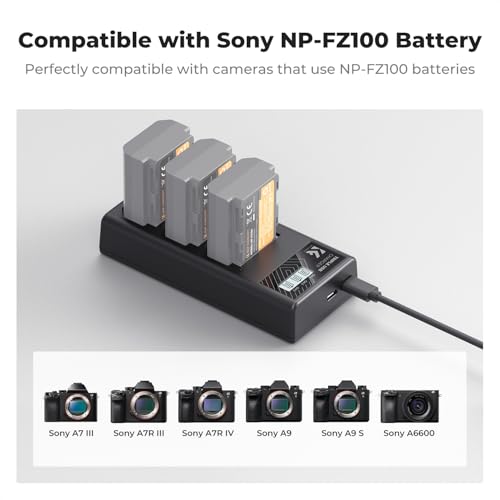 K&F CONCEPT NP-FZ100 Charger, 3-Slot A7iii Battery Charger with LCD Display for Sony A7iii A7iv A7Rv A6700 A6600 A9 A1 FX3 FX30 ZV-E1 Cameras