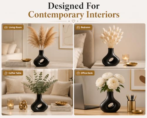 Image of Abstract Ceramic Vase - Modern Matte Black Sculptural Hollow Centerpiece, 21.5 inch cm Decorative Flower Vase for Tabletop, Mantel, Living Room Decor