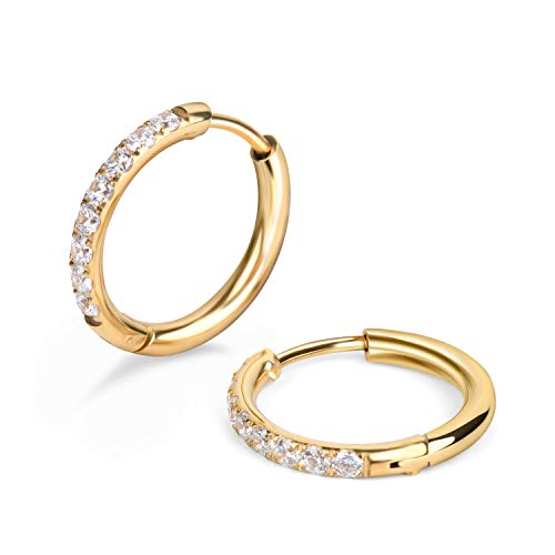 Image of Hypoallergenic Unisex Surgical Steel Small Cubic Zirconia Huggie Hoop Earring, Color Gold - Silver - Rose Gold - Black - Rainbow, Size 6mm- 12mm Safe for Sensitive Ear