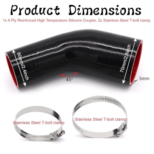 Image of 45 Degree 2 to 2-1 /2 inch(51-63mm) Silicone Reducer Coupler Hose,4-Ply Reinforced,Length 4inch(102mm) with 2PCS Clamps Turbo /Intercooler /Intake Piping Reducer