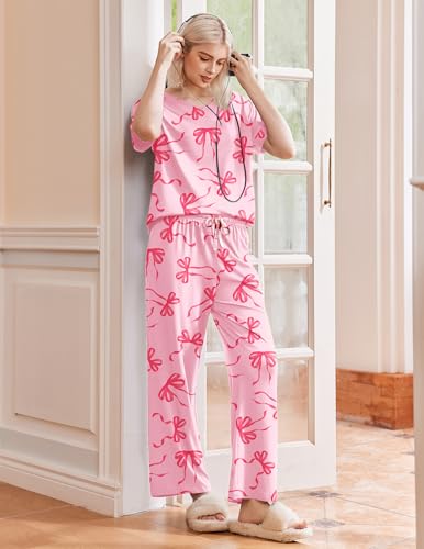 Image of Ekouaer Pajama Sets for Women 2 Piece Lounge Set Short Sleeve Tops and Long Pants Soft Comfy Pjs Sleepwear Outfits S-XXL