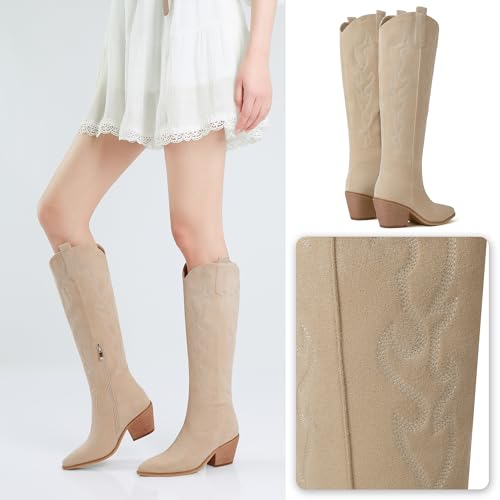 Image of Reitoye Cowboy Boots Women Knee High Cowgirl Embroidered Chunky Heel Boots | Block Chunky Heel,Pointed Toe,Half Side Zipper & Pull Tab,Embroidered Tall Boots,Fall Summer Spring Winter Dress Long Boots