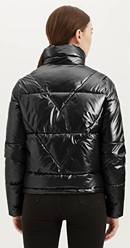Women's Quilted Metallic Shiny Puffer Jacket Winter Warm Full Zipper Stand Collar Padded Short Coat4