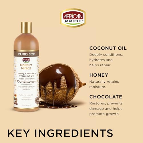 African Pride Moisture Miracle Balsamo per miele, cioccolato e olio di cocco, ripara e riempie l'umidità per avvolgimenti e ricci naturali, nutre e rigenera, senza solfati, non stinge, 473 ml