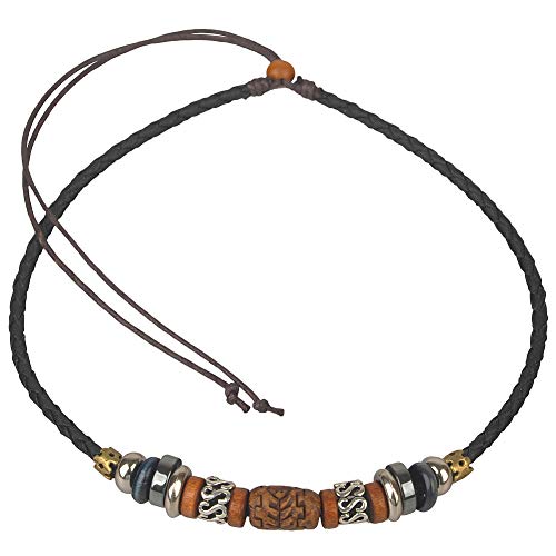 Ancient Tribe Adjustable Hemp Genuine Leather Beads Choker Necklace (Black Leather)