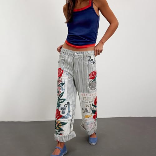 Women's Summer Wide Leg Barrel Jeans Striped Vintage Floral Bell Bottoms with Cherry & Rose Patchwork Jeans2