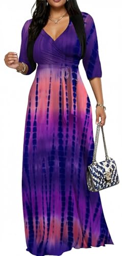 Image of Women's Church Maxi Wrap V Neck 3 /4 Sleeve Tie Waist Plus Size Long Dress | Flattering wrap V-neck design enhances curves. High elastic tie waist accentuates the slimmest part, hides tummy.