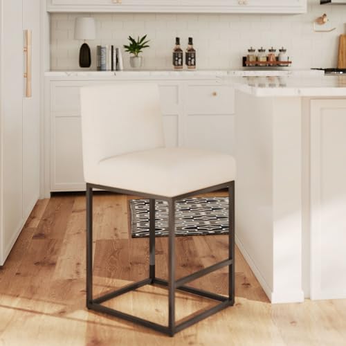 Image of HNY Modern Counter Height Bar Stool, Linen Fabric Upholstered Bar Stool with Backs, 27 Inch Kitchen Island Stools with Black Metal Frame, Cream
