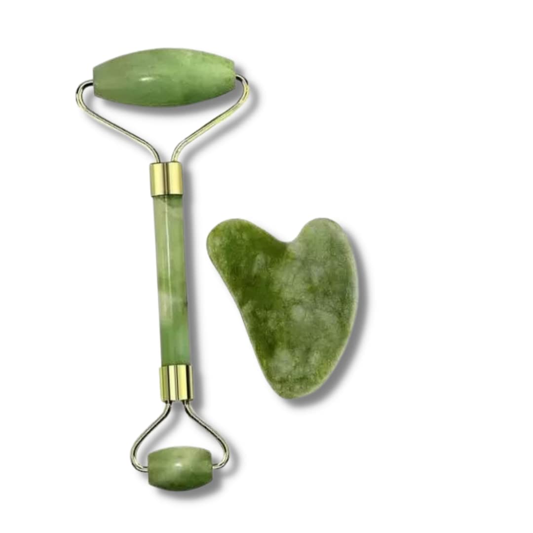 VSA Natural Facial Massager Jade Roller & Gua Sha Tool Natural Himalayan Stone for Face Neck Healing Skin Wrinkles & Serum Application (Jade Roller with Gua Sha)