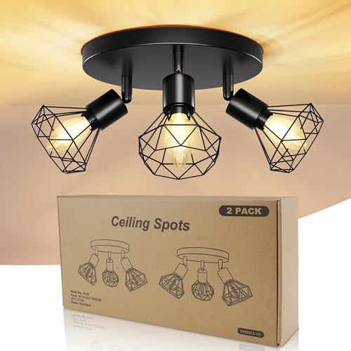 Deckenlampe LED Deckenleuchte 350° LED Deckenspots 2 Stück Lamp E14 3 Flammig Deckenstrahler Schwenkbar Schwarz Lampen Küchenlampe Wohnzimmer, Flurlampe Hanging Ceiling Modern für Küche, Schlafzimmer