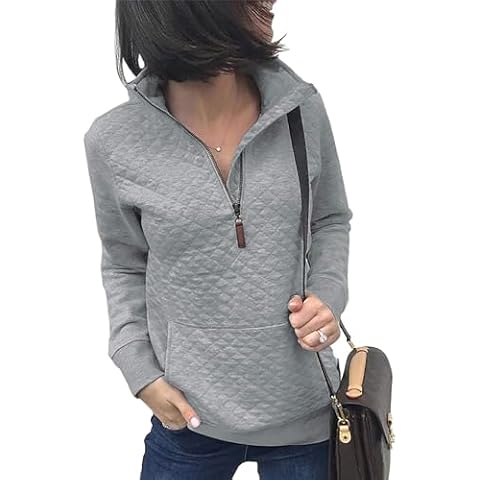 BTFBM Women Fashion Quilted Pattern Lightweight Zipper Long Sleeve Plain Casual Ladies Sweatshirts Pullovers Shirts Tops (Light Grey, Medium) Cover