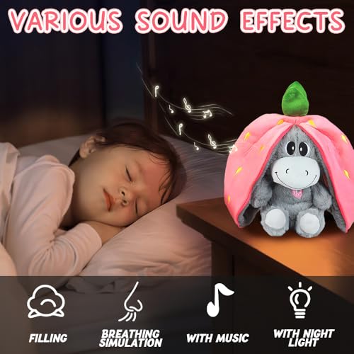 Rppiup Atmendes Kuscheltier, Esel Kuscheltier mit Atembewegung und Musik, Weiches Schlafender Plüsch Esel mit Warmem Licht, Schlummer Kuscheltiers für Neugeborene und Junge Mütter (Erdbeere)