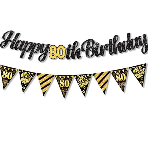 ParPix 2 Stück 80 Geburtstag Deko Girlande, Schwarz Gold Banner Deko 80 Geburtstag Mann Frau, 80. Geburtstags Deko Girlande, 80er Jahre Happy Birthday Banner, 80 Geburtstags Mann Geburtstagsgirlande