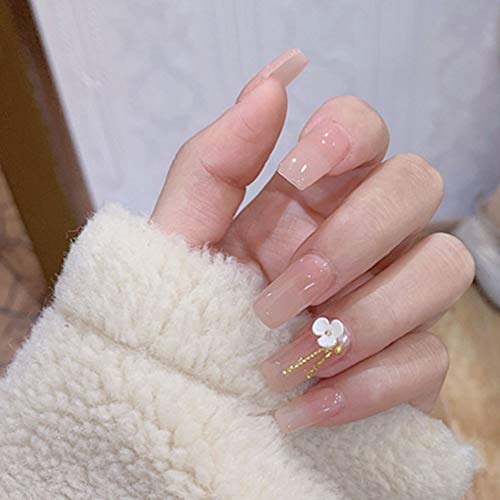 Vogee 24Pcs Glossy French Fake Nails Medium Long Square Full Coverage Removable Wear Press on Acrylic Ballerina False Nails Art Tips for Girls and Women (Flower)