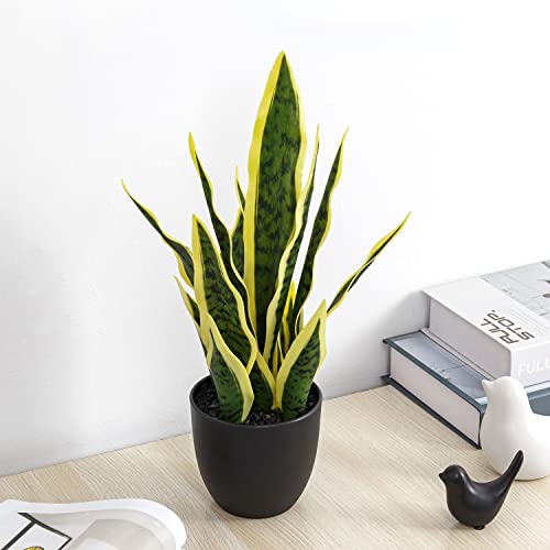 Mygift 15-Inch Fake Snake Plant In Black Planter Pot, Artificial Agave Faux Sansevieria Trifasciata Plants #TOP2