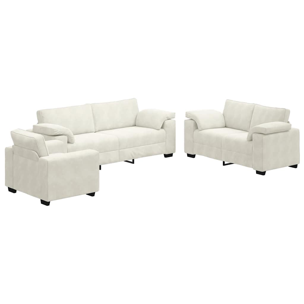 3-częściowy zestaw sof, kremowy aksamit, zestaw do salonu z fotelem, 2-osobowa i 3-osobowa sofa, wytrzymała rama drewniana, wygodna tapicerka, luksusowy design do domu