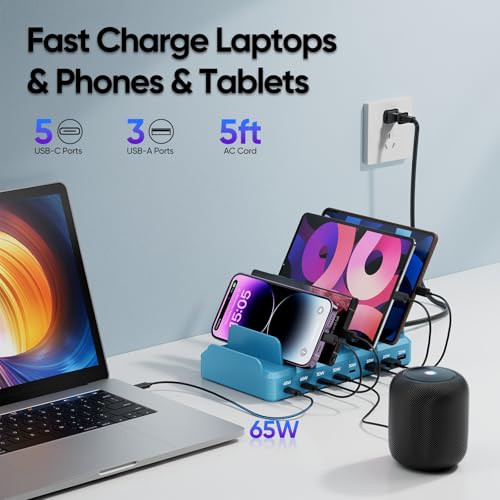 Image of 300W Charging Station for Multiple Devices, 8 Port Multi USB C Fast Charger Station Dock for MacBook iPhone 16 /15 /14 /13 /12 Samsung Pixel Series iPad, Blue (6 Mixed Short Cables Included)