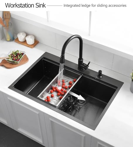 33 Drop In Black Workstation Kitchen Sink, Luckyhorse 33x22 Inches 16 Gauge Nano Black Stainless Steel Sink Topmount Workstation Single Bowl Kitchen Sink LH007SB by Lucky horse - Used condition - Image 3