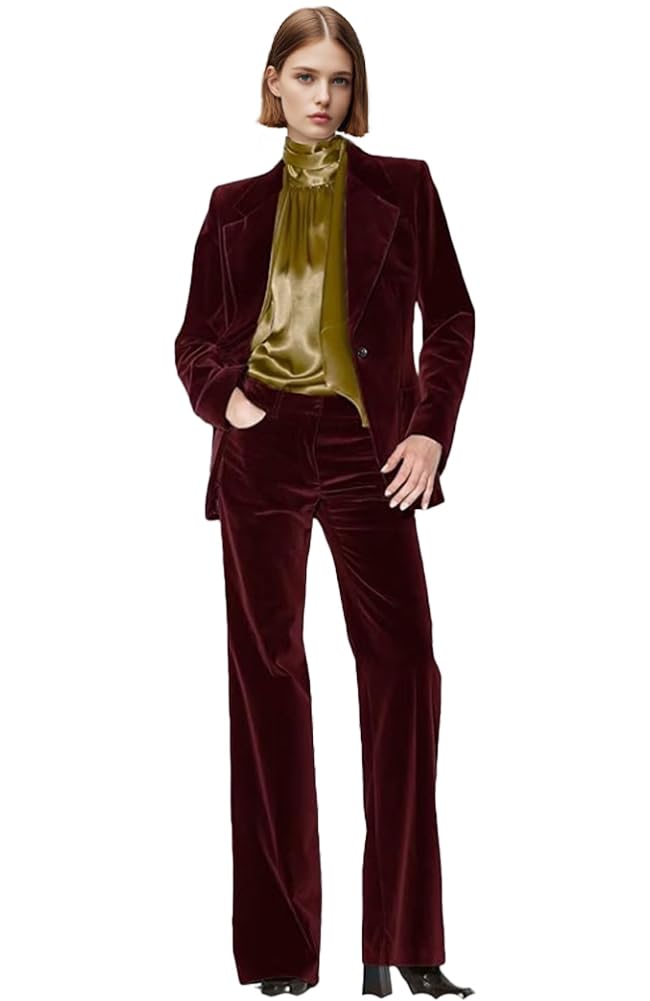 Botong Velvet Womens Formal Suit Set Peak Lapel Office Work Outfit Professional Business Suit Burgundy1 L