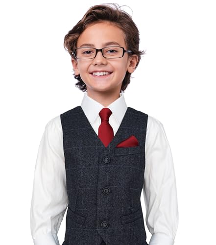 Image of Boy's Solid Tie with Pocket Square Set, Regular Necktie for Children and Kids, Self-Tied