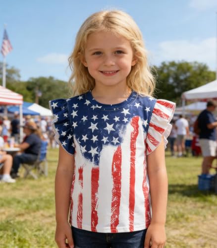 Image of Tkria Girls 4th of July Tank Tops Red White and Blue Shirt Toddler Girl American Flag Patriotic Outfit 2-7 Years