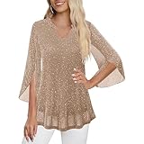 Blusas de Mujer Elegantes,Talla Grande Cuello V Camiseta de Manga 3/4 de Malla Moda Brillante Lámina Dorada Shirt Ligero Brillo Pullover Elegante Parte Superior con Purpurina Versátil Túnica