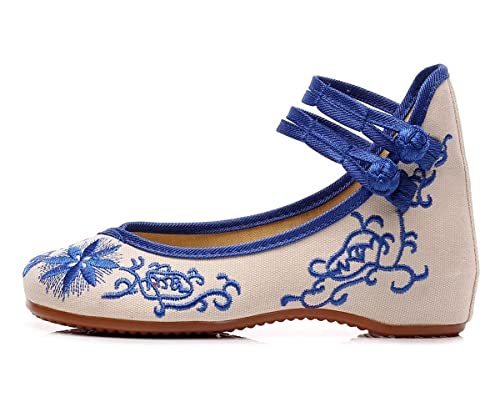 Tn Tangnest Floral Embroidered Shoes For Women Comfortable Round Toe Loafer Casual Ballet Flats Blue 38(6.5) #TOP1