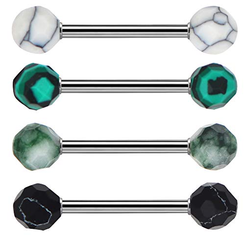 OUFER Four Piece Faceted Stone Stainless Steel Tongue Rings #TOP15