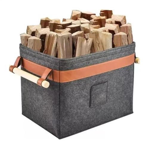 Cesta de leña – Cesta de leña de fieltro, portador de fieltro de gran capacidad con asas, cesta de almacenamiento de leña con bolsillos laterales y mango de madera, cesta de almacenamiento de leña