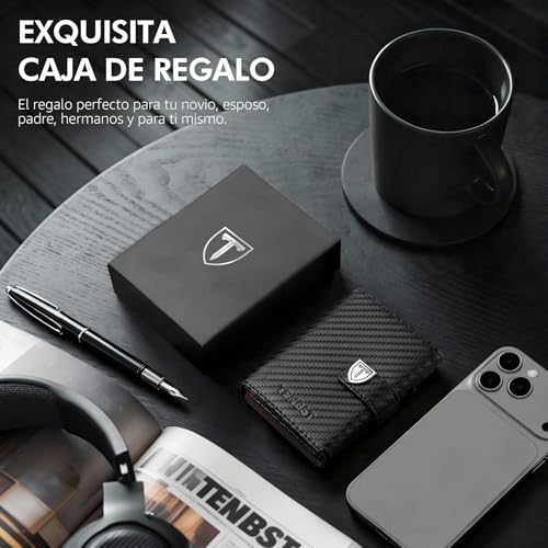 Miniatura 7 de Tenbst Carteras Para Hombre - Ultrafina Cartera Hombre Con Monedero Y Protección Rfid, Tarjetero Pequeño Premium, Billeteras Para De Lujo Para 10 Tarjetas De Crédito Negro Naranja