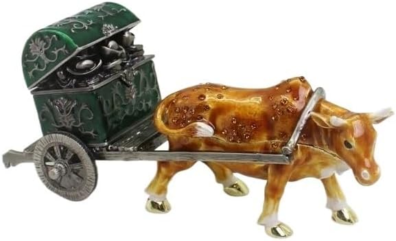 HUFFA Enamel Bull Cart Trinket Box Handmade Cow Pulling Treasure Box - Jewelry Storage Trinket Holder For Home Decor(Light green)