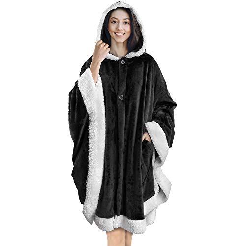 PAVILIA Angel Wrap Hooded Blanket | Poncho Blanket Wrap with Soft Sherpa Fleece | Plush, Warm, Wearable Throw Cape with Pockets | Cozy Gifts for Women (Black)