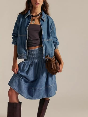 Women Long Sleeve Denim Jacket Oversized Zipper Collared Fall Classic Jean Tops Coats4