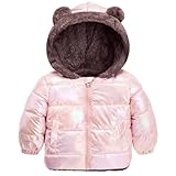 ADUKIDE 6-12 Months Baby Girls Coat Laser Infant Winter Down Jackets for Baby Thicken Warm Pink Bear Ears Hooded Fleece Zip Waterproof Light Puffer Outerwear With Pockets