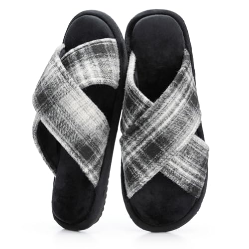 GOEWY Mens Cozy Slippers Cross Band House Slippers with Memory Foam Non-slip Indoor House Shoes Soft Open Toe Summer Breathable Slipper Size 11 12 Black