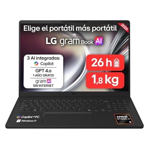 LG gram 16U55U-G.AS55BN - Ordenador Portátil Ultraligero de 16' Ryzen AI 5 430, 16 GB RAM, 512 GB SSD, AMD Radeon Graphics, IPS Antirreflejo, 1800g, 26 h, Windows 11, Teclado ES, Negro carbón