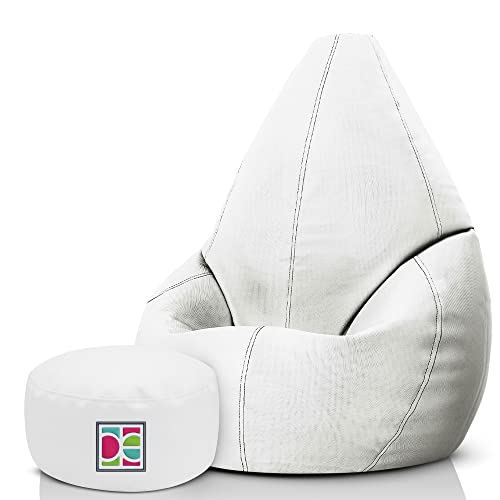 Puff Pera XXL con Relleno Incluido – Puff con Reposapies - Ideal para Adultos y Niños, 100% Polipiel (XXL + Reposapies, Blanco Exterior)