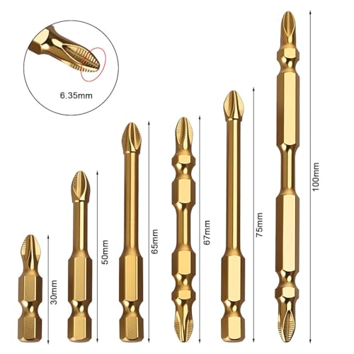Image of Serplex 6Pcs Screwdriver Bits Electric Drill Bits Set, Non-Slip Phillips Bits, Ribbed Bits Design, 30 /50 /65 /75mm Long Assorted Drill Bits & 67 /100mm Long Dual-Tip Drill Bits, Universal 1 /4 Hex Shank