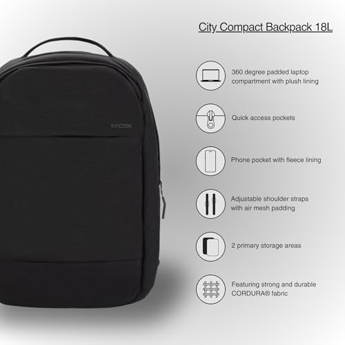 Incase Compact City Backpack – 18L Everyday Travel Tech Backpack and Laptop Bag for Work or School – Three Pockets, 16” Padded Laptop Sleeve, Quick Access Pocket – Cordura Black2